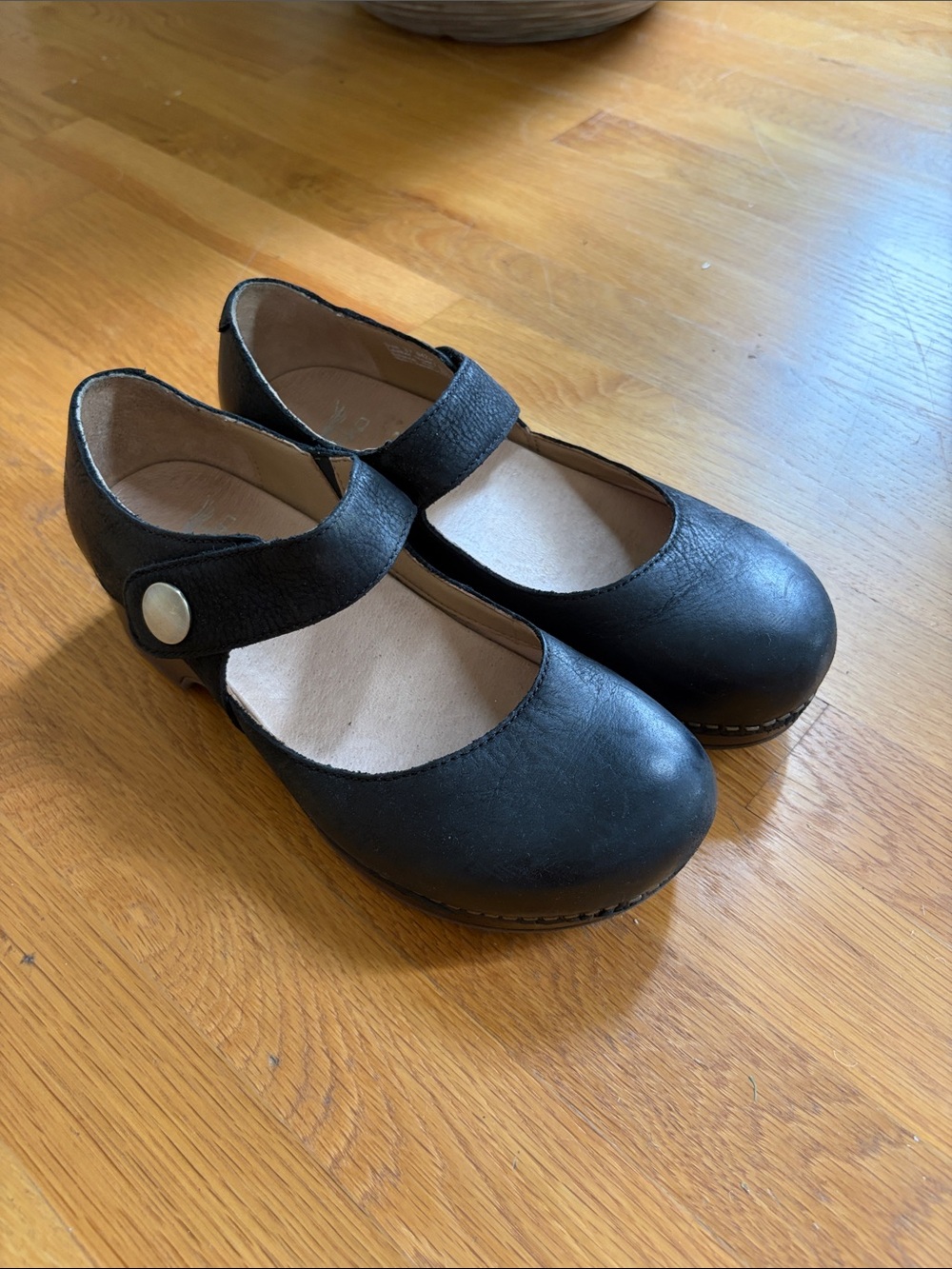 Dansko Black Mary Jane Clog Mules with Button Strap
